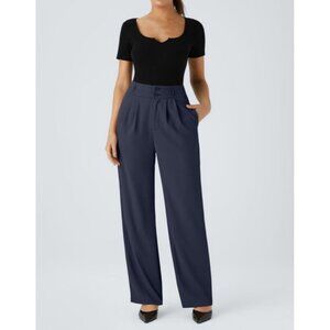 Halara High Waisted Shirred Straight Leg Work Pants Sz XL Womens Navy Blue Pocke